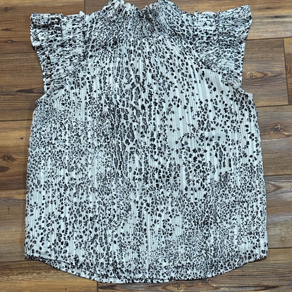 Calvin Klein Black and White Speckled Ruffle Mock Neck Blouse